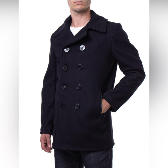 Schott Wool With Leather Trim Black Nautical Peacoat - Picture 2 of 14